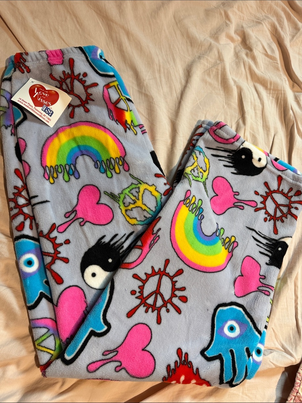 Kids Fleece Pajama Pants - Rainbow & Heart Print - Gray